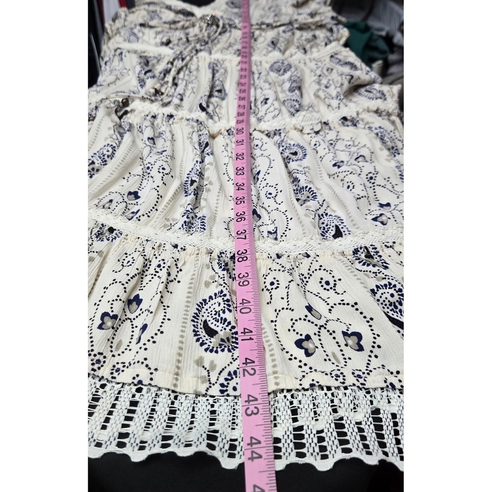 Angie Midi Dress Large Cream Navy Paisley Crochet Lace Trim Tiered Boho Peasant - Picture 6 of 10